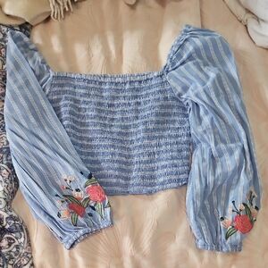 Smocked Off-Shoulder Blue Stripe Top with Floral Embroidery